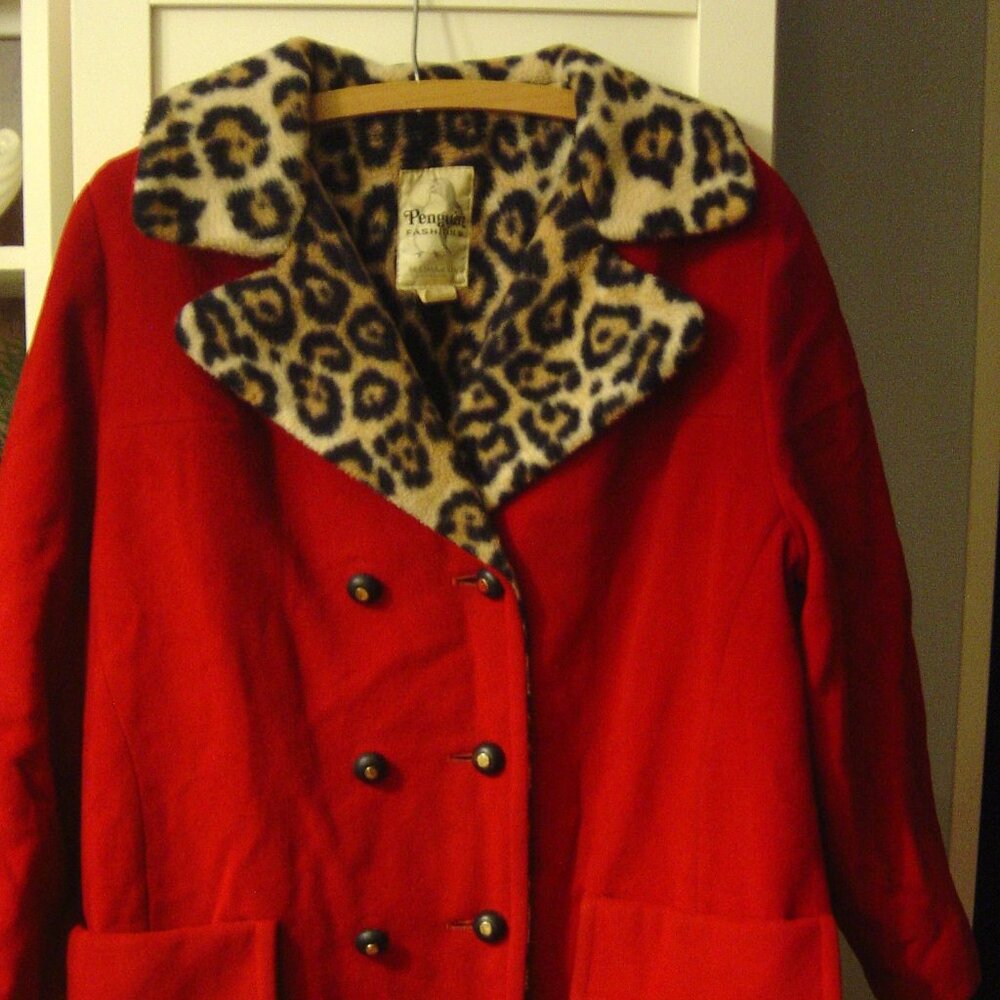 Vintage M. Liman Penguins Fashions-red coat with leopard print pile lining--s/m?